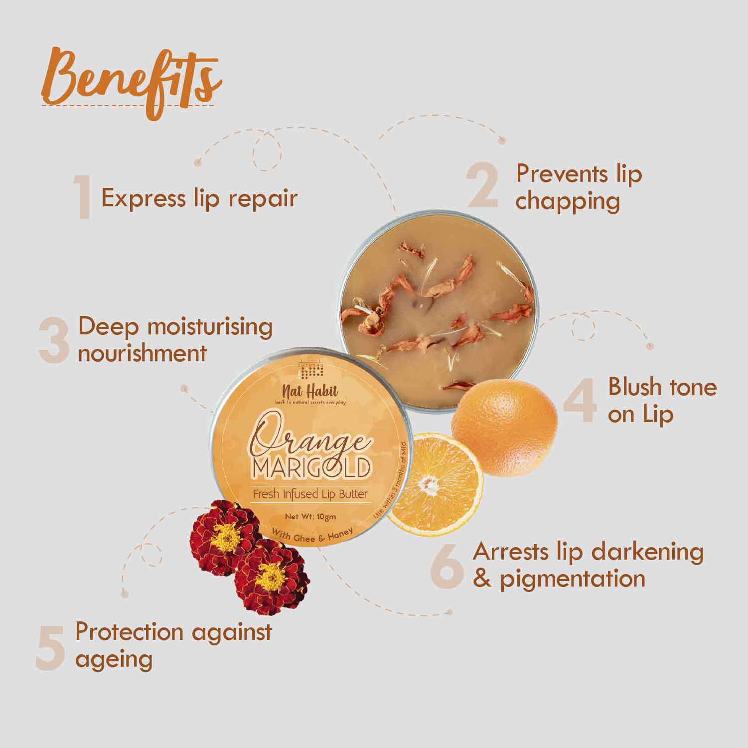 Desi Ghee & Honey Lip Balm, Orange Marigold Lip Butter For Lip Pigmentation & Chapped Lips