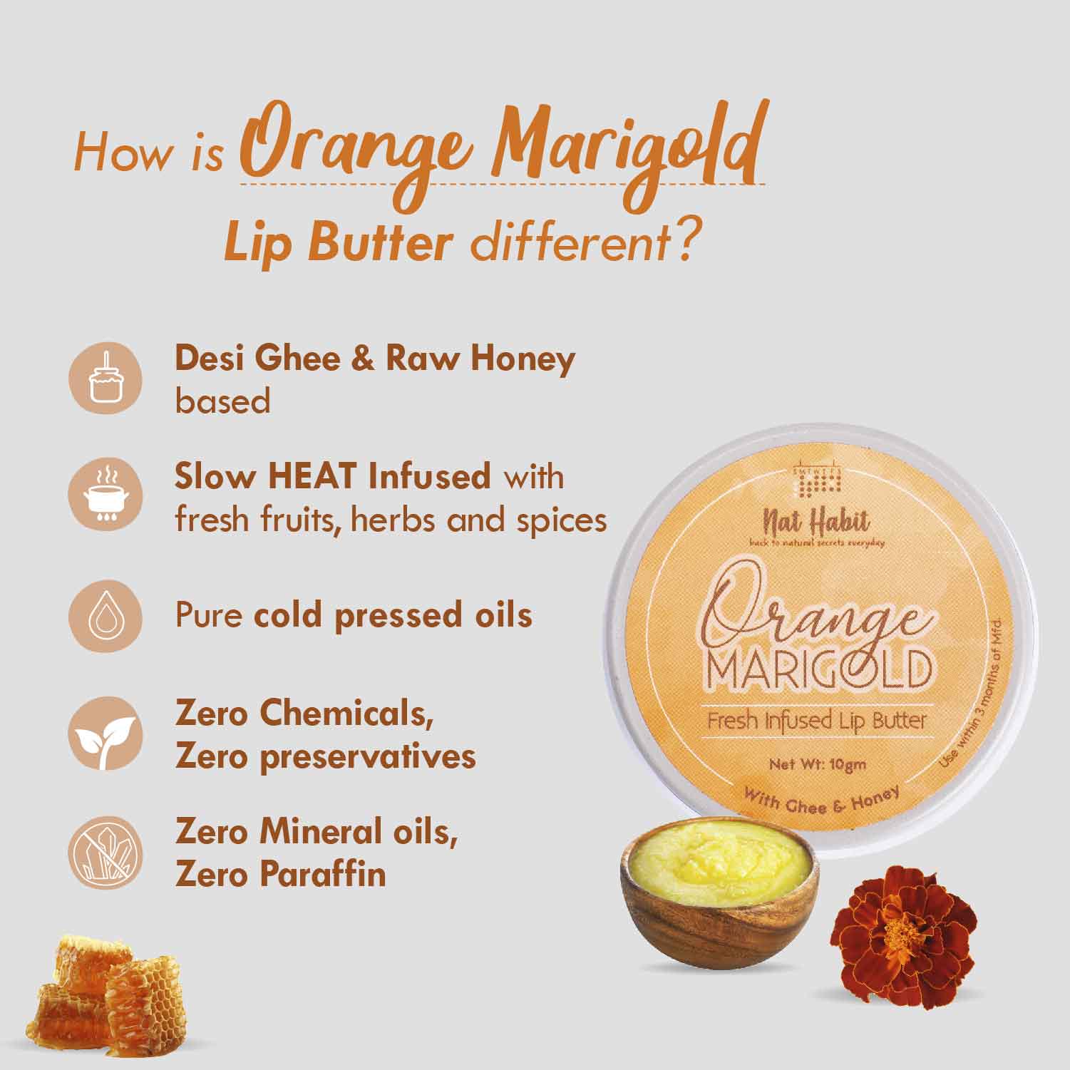 Desi Ghee & Honey Lip Balm- Orange Marigold Lip Butter For Lip Pigmentation & Chapped Lips