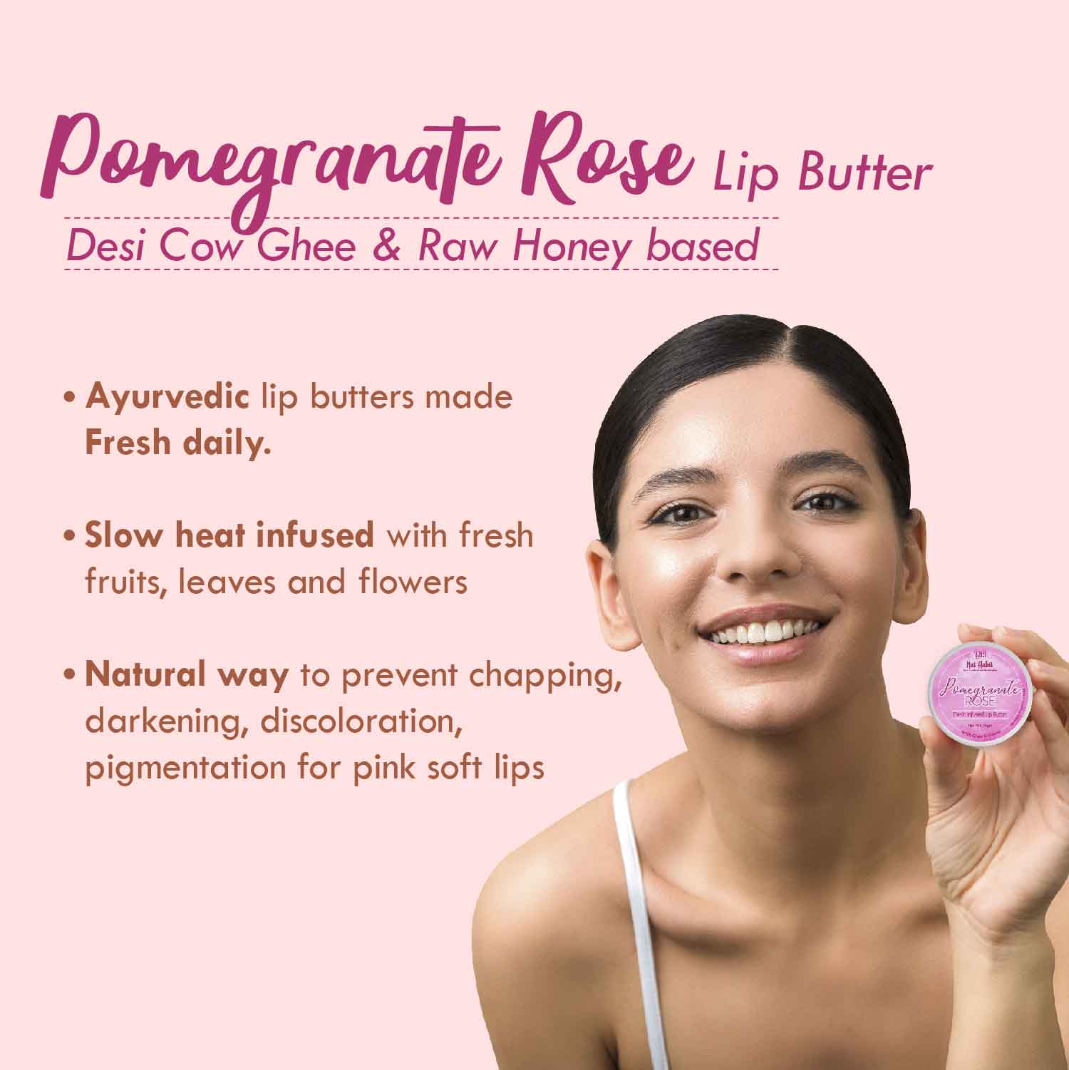 Desi Ghee & Honey Lip Balm, Pomegranate Rose Ayurvedic Lip Butter For Dark Lips Lightening