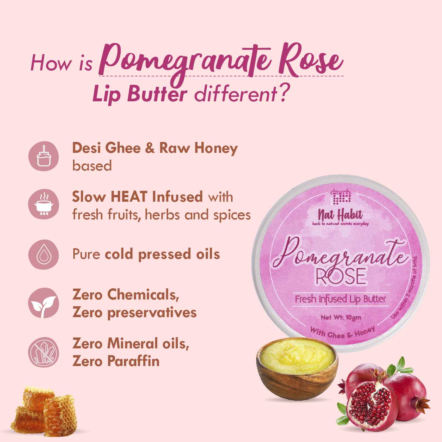 Desi Ghee & Honey Lip Balm, Pomegranate Rose Ayurvedic Lip Butter For Dark Lips Lightening