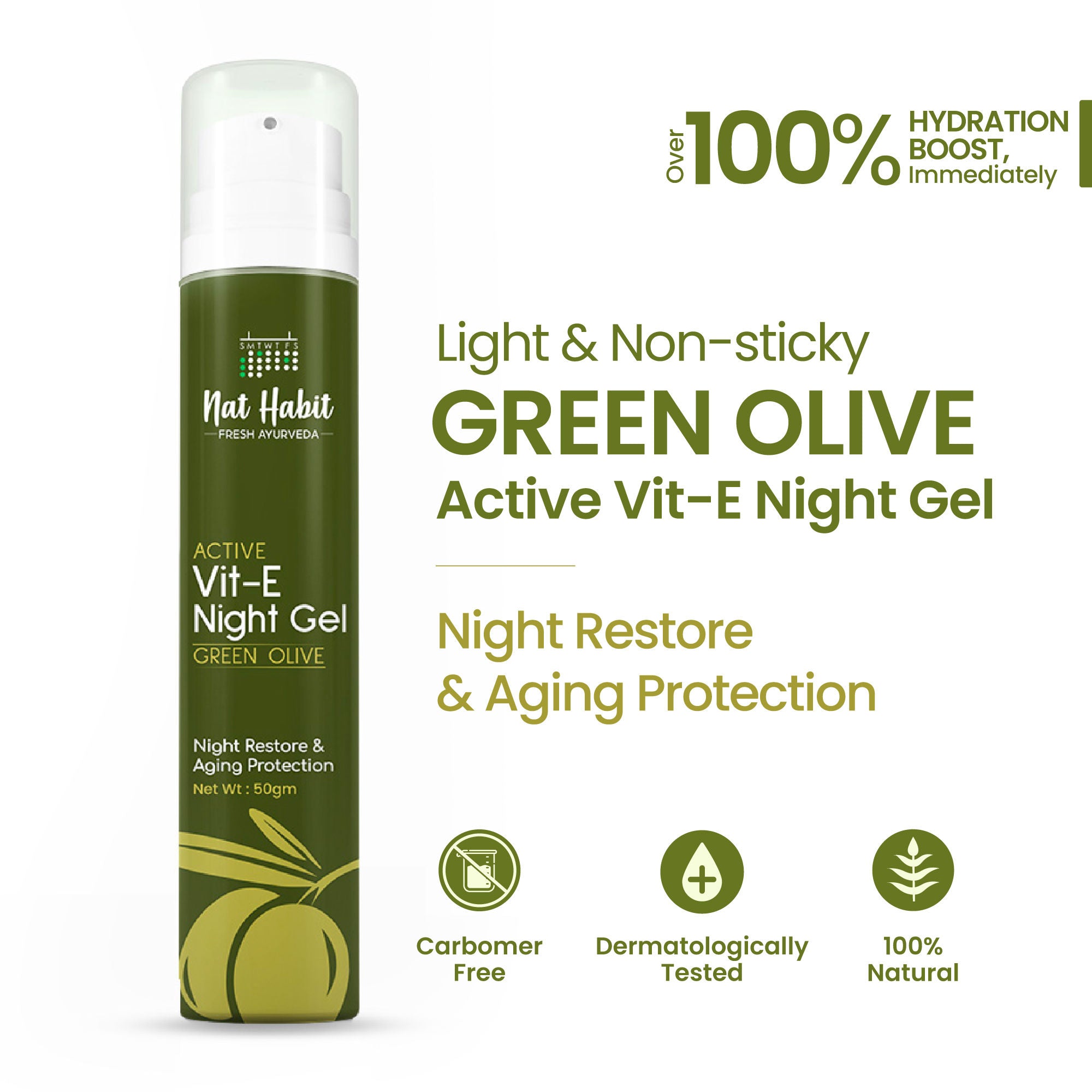 Active Olive Night Vitamin E Face Gel Moisturiser For Anti-Aging & Collagen Boost