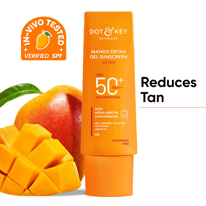 Mango Detan Gel Sunscreen In-Vivo Tested SPF 50+ PA++++, Oil-Free Formula - 80g