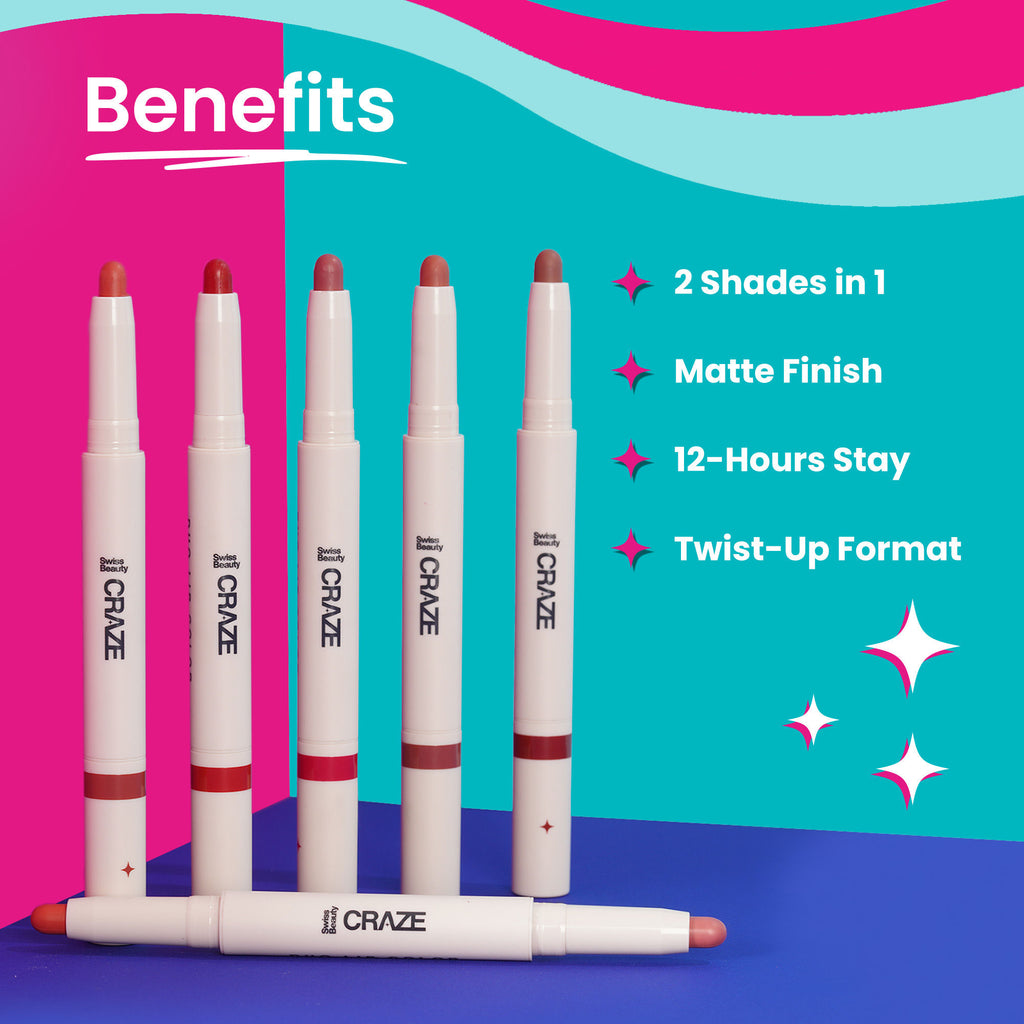 CRAZE Duo 2 In 1 Satin Matte Finish Lipstick Non-Transfer Lip Colour