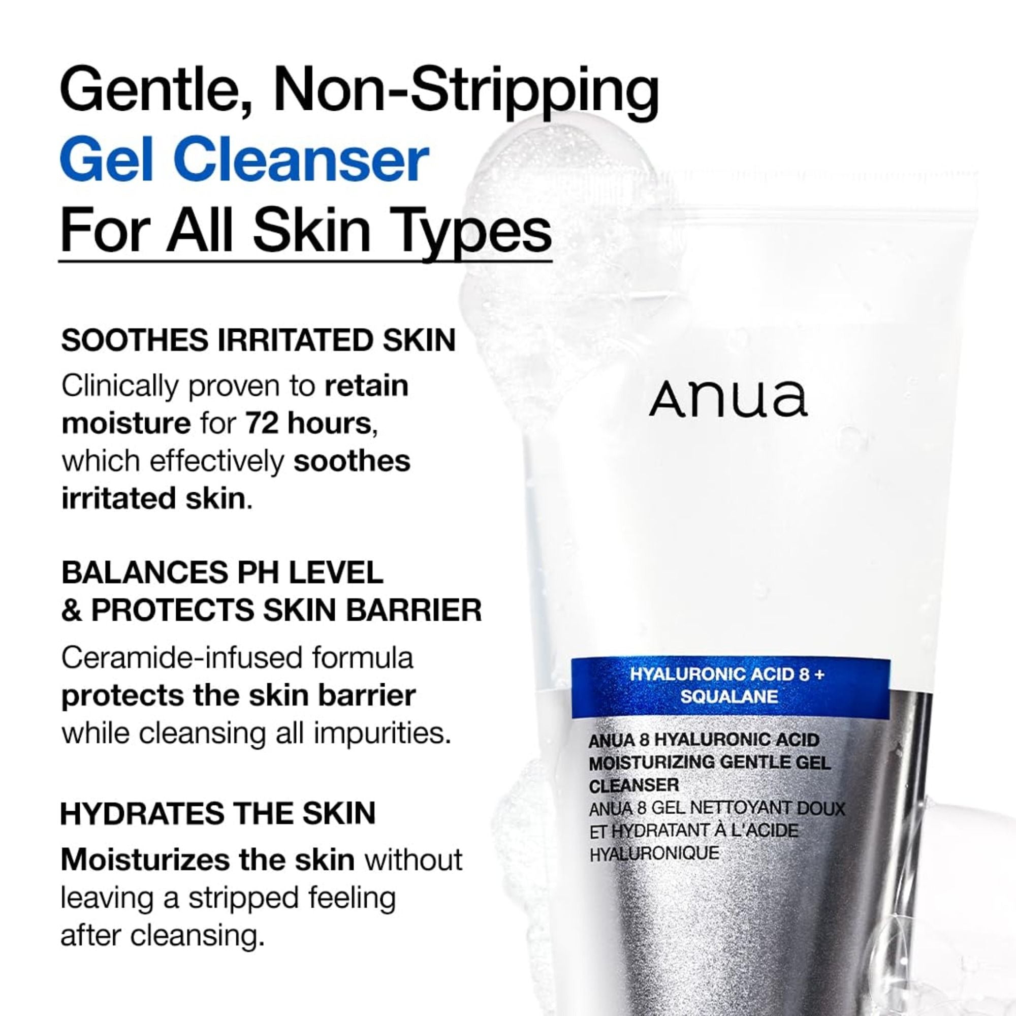 8 Hyaluronic Acid Moisturizing Gentle Gel Cleanser with Ceramides For Soft Skin, pH Balanced