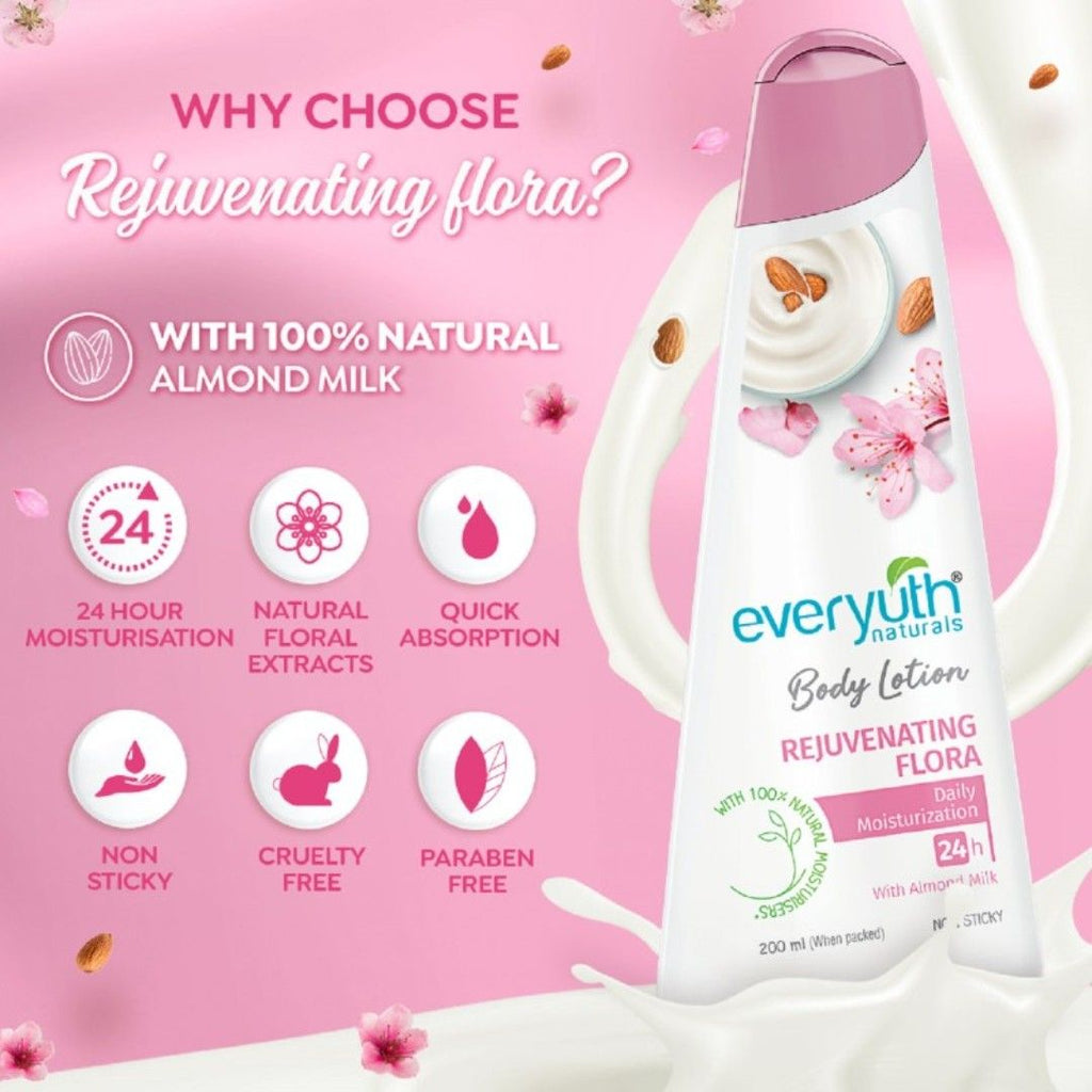 Body Lotion - Rejuvenating Flora with 100% Nautral Almond Milk, Non Sticky, Daily