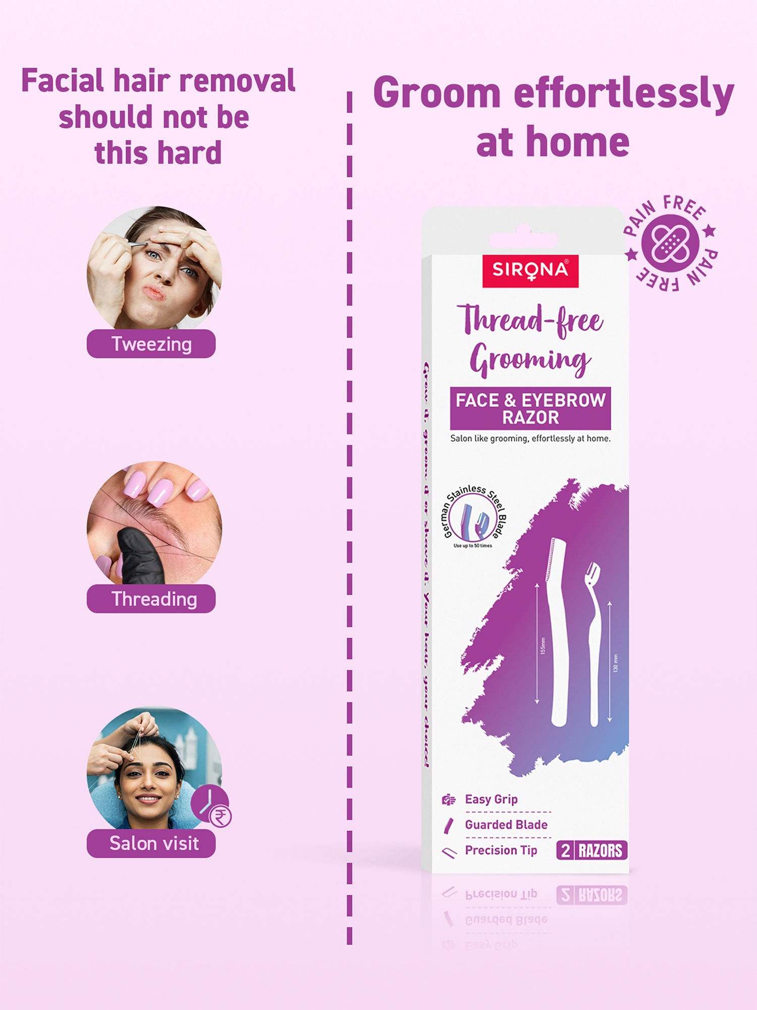 Reusable Facial Hair Removal Razor For Instant & Painfree, Salon-Smooth & Glowing Skin
