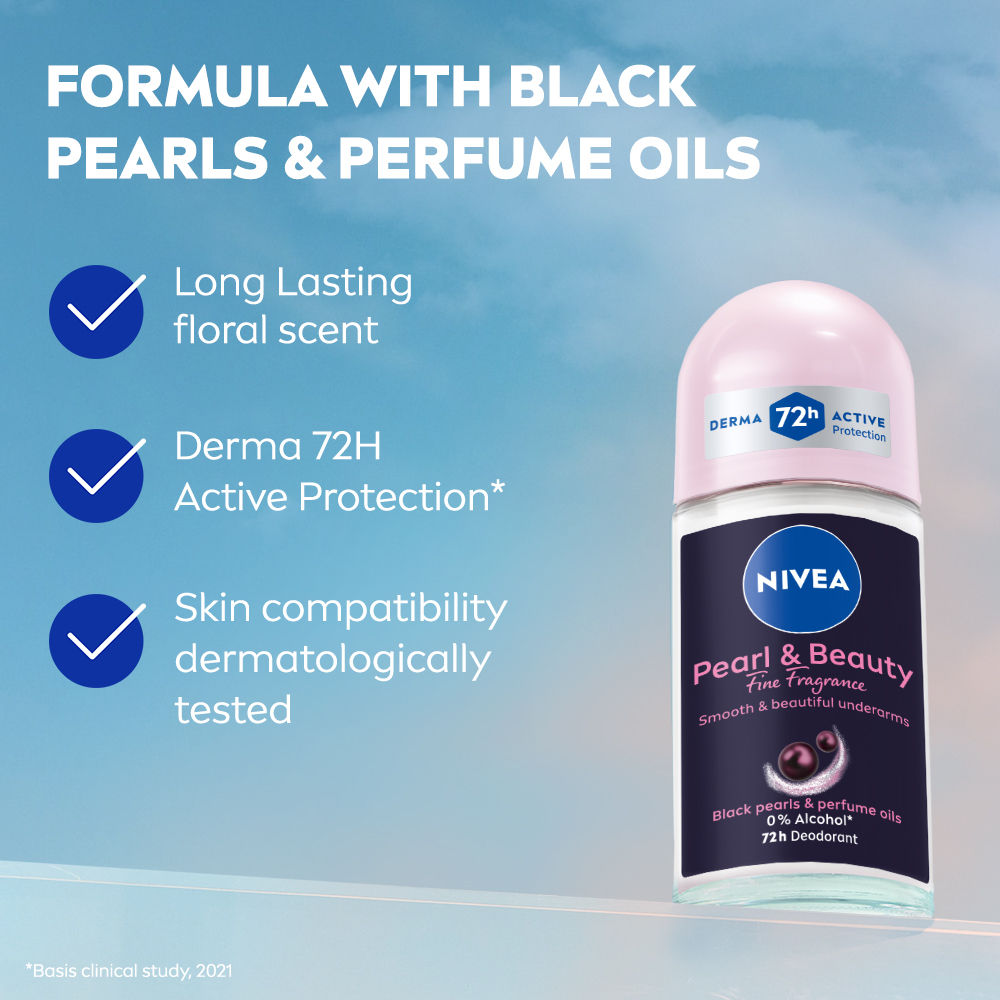 Pearl & Beauty Fine Fragrance Deo Roll For Women, 72H Odor Protection, 0% Alcohol