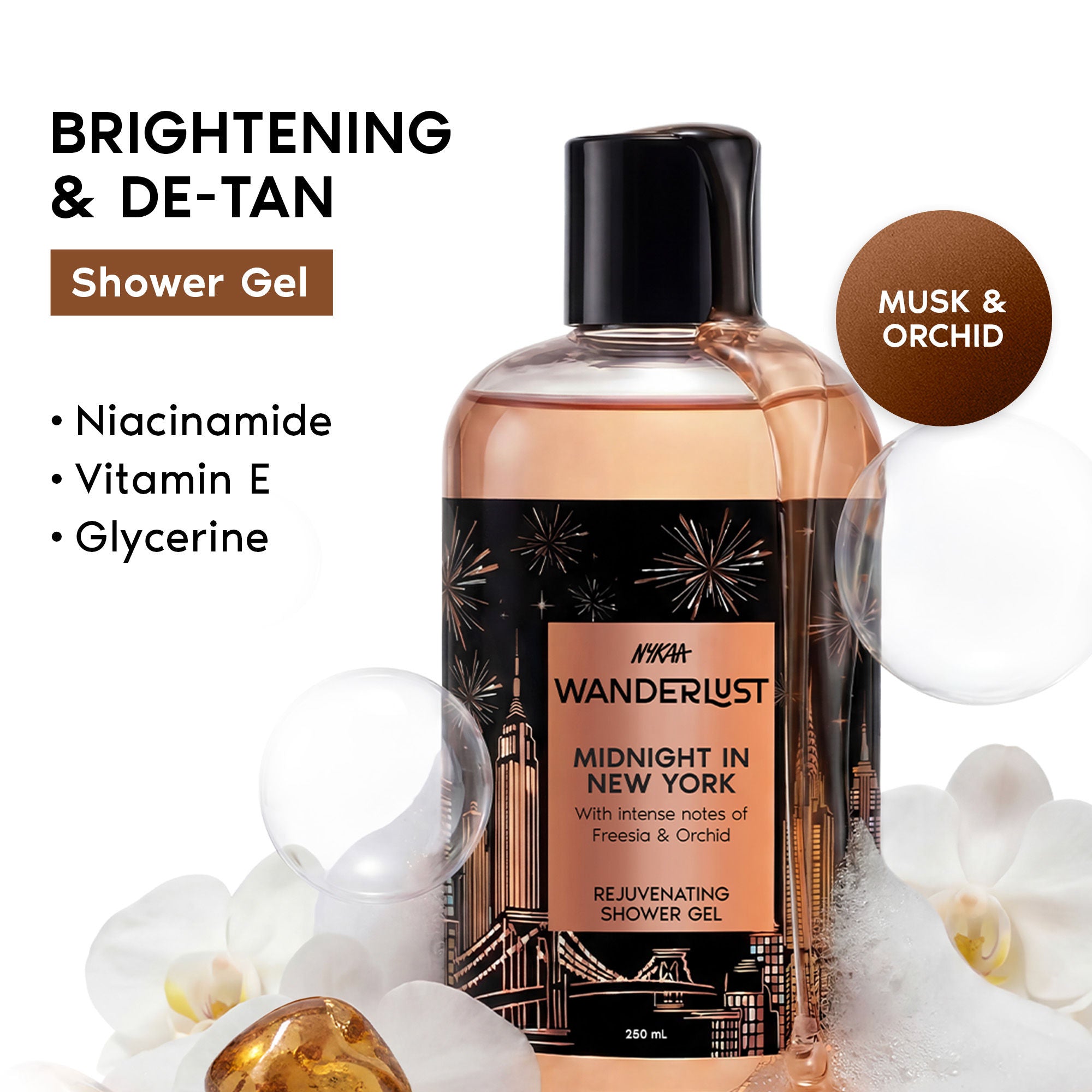 Midnight in New York Hydrating Body Wash Niacinamide Vit E Musk Orchid Caramel Lily