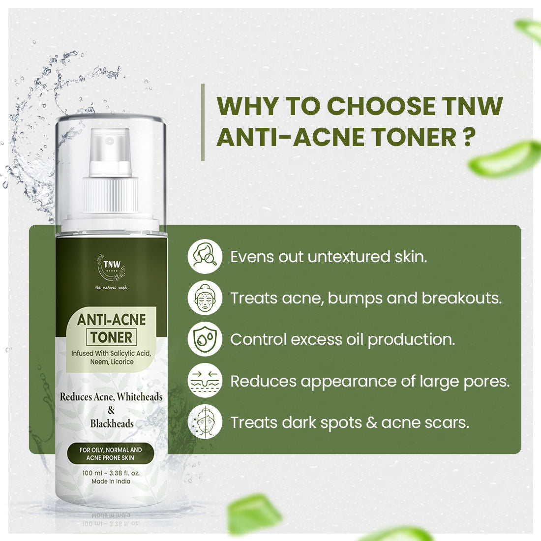 Anti Acne Toner with Salicylic acid, Controls sebum, Tightens pores