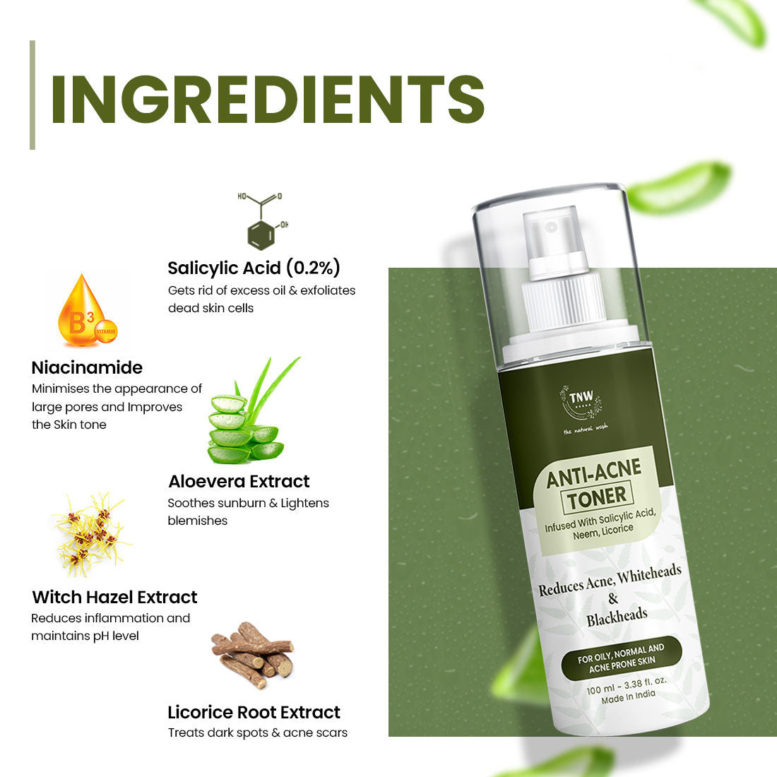 Anti Acne Toner with Salicylic acid, Controls sebum, Tightens pores