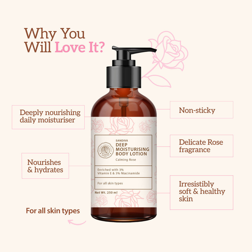 Deep Moisturising Body Lotion, 3% Vitamin E & Niacinamide, Deep Nourishment - Calming Rose