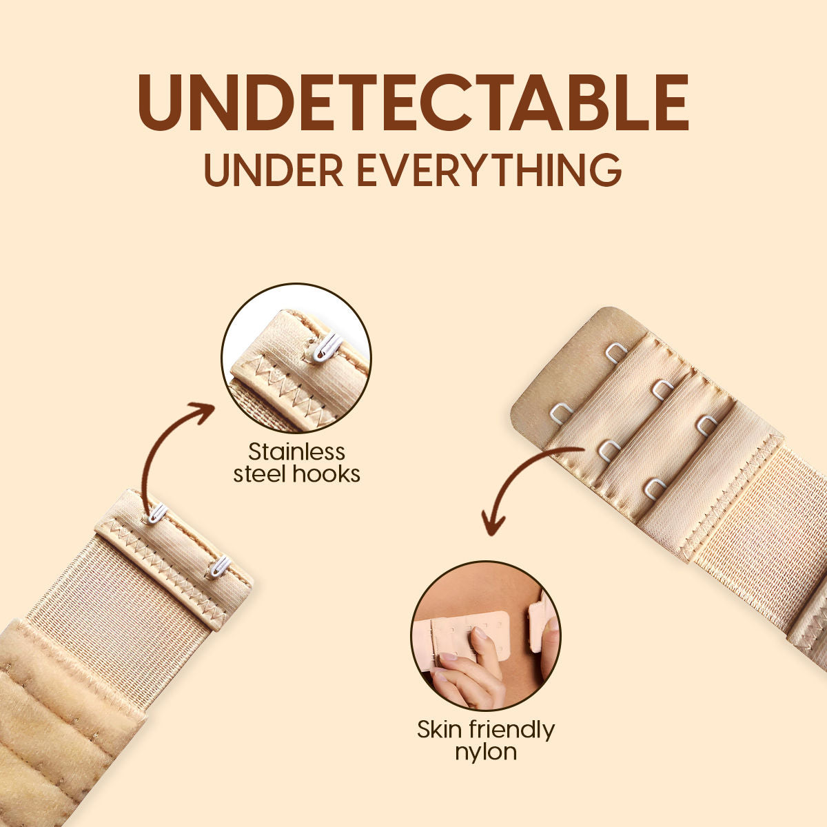 Bra Extender Stretchable Elastic Extension Strap Adjustable Buckle Clasp 2 Hook 3 Eye - Beige