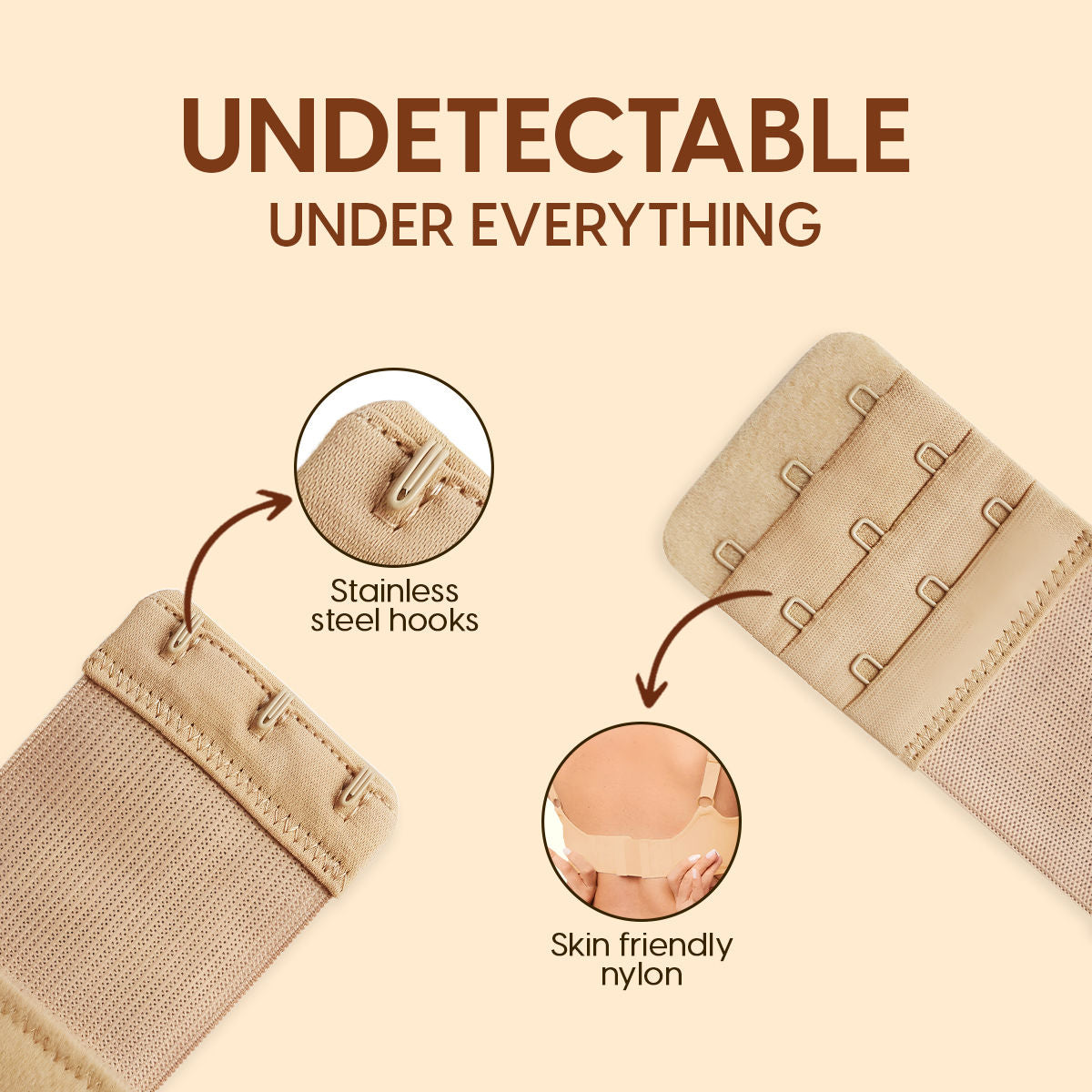Bra Extender Stretchable Elastic Extension Strap Adjustable Buckle Clasp 3 Hook 3 Eye - Beige