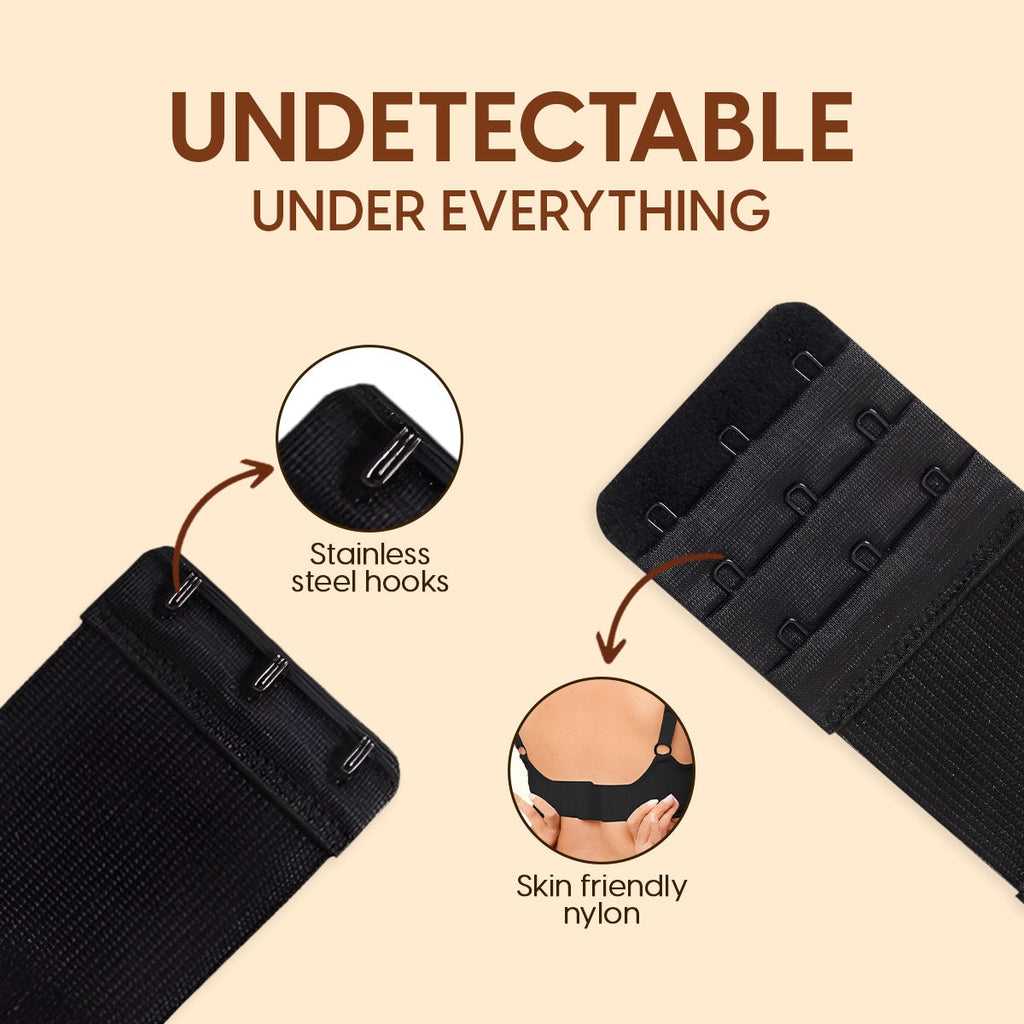 Bra Extender Stretchable Elastic Extension Strap Adjustable Buckle Clasp 3 Hook 3 Eye - Black