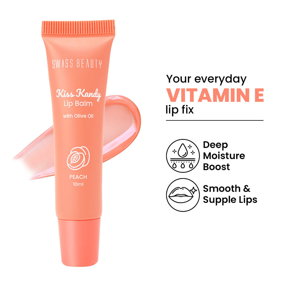 Kiss Kandy Tinted Lip Balm, Non-Sticky with Olive Oil & Vitamin E - 01 Peach