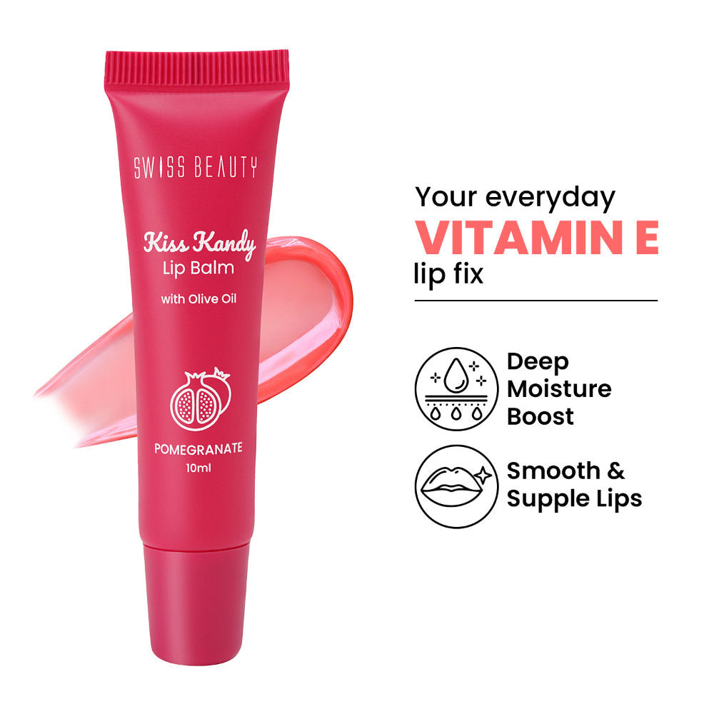 Kiss Kandy Tinted Lip Balm, Non-Sticky with Olive Oil & Vitamin E - 05 Pomegranate