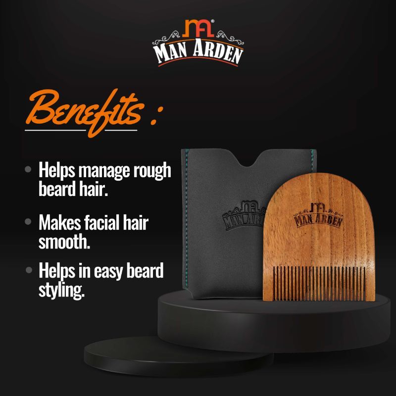 Pure Neem Wooden U Shaped Beard Comb With Premium Faux Leather Pouch