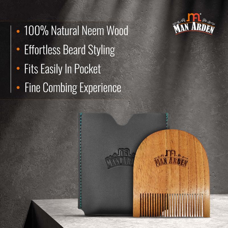 Pure Neem Wooden U Shaped Beard Comb With Premium Faux Leather Pouch