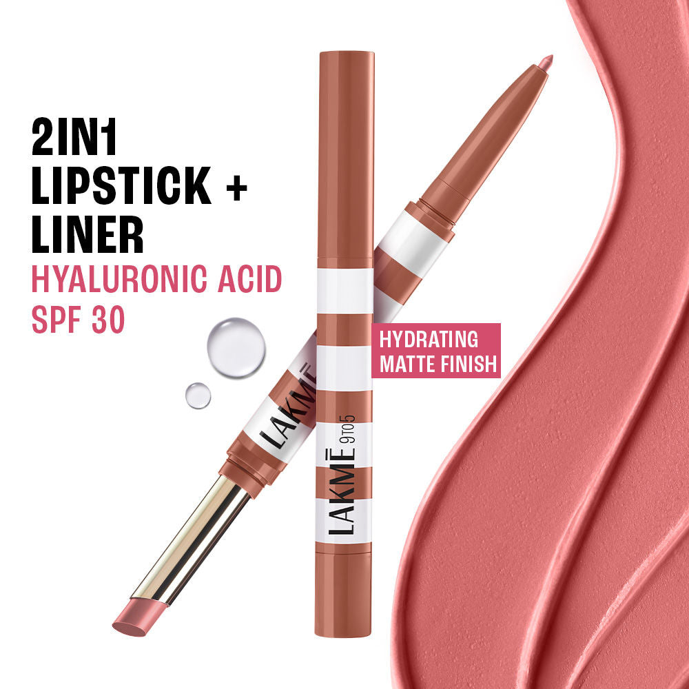 9to5 Hya Beach Edit, Lipstick + Liner Duo, SPF 30, Hydrating Matte - Beachy Peachy