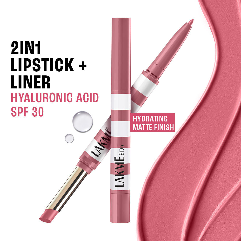 9to5 Hya Beach Edit, Lipstick + Liner Duo, SPF 30, Hydrating Matte - Vacay Pink