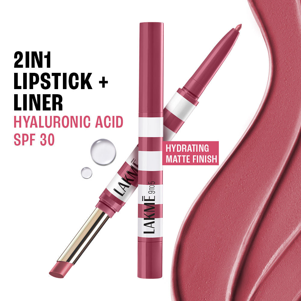 9to5 Hya Beach Edit, Lipstick + Liner Duo, SPF 30, Hydrating Matte - Tanline Rose