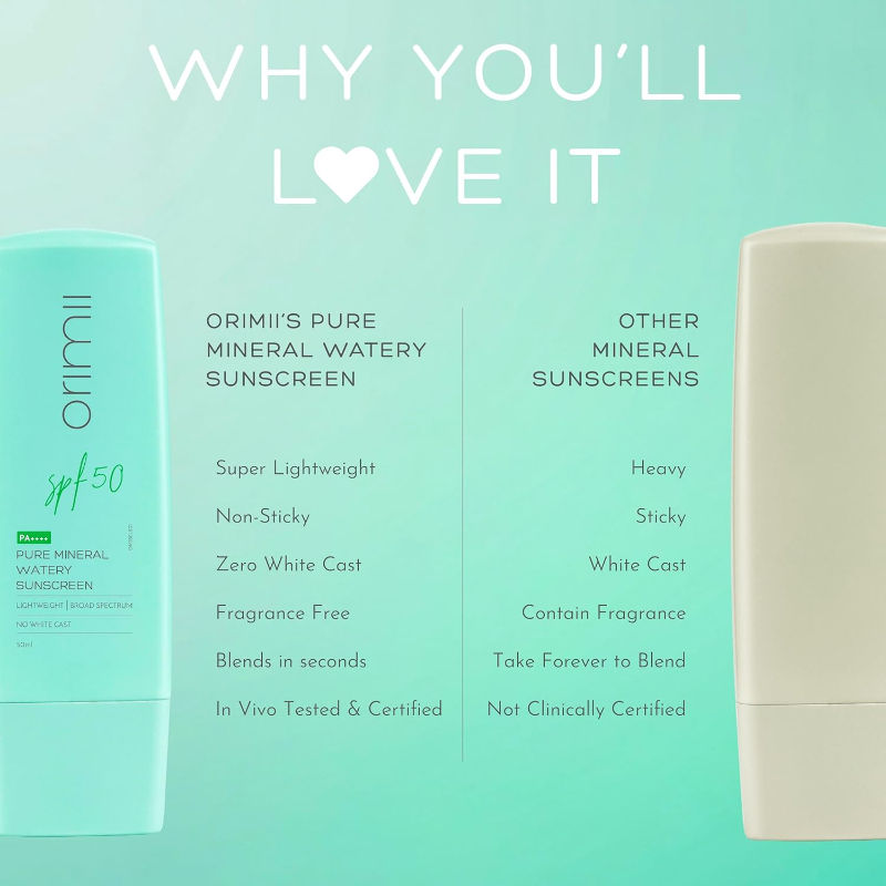 Mineral Sunscreen SPF 50 Watery Fluid, Zero White Cast, Lightweight & Non-Comedogenic
