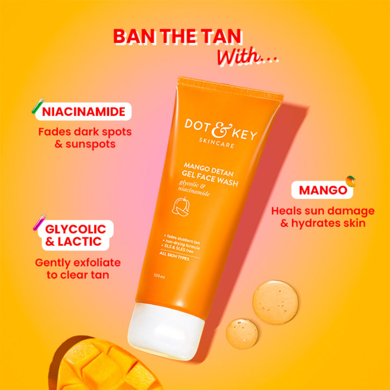 Mango Detan Gel Gel Face Wash, With Alpha-Arbutin & Niacinamide, Reduces Stubborn Tan