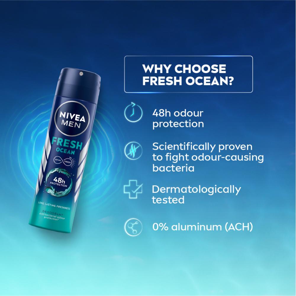 MEN Deodorant, Fresh Ocean, 48h Long lasting Freshness with Fresh Aqua Scent