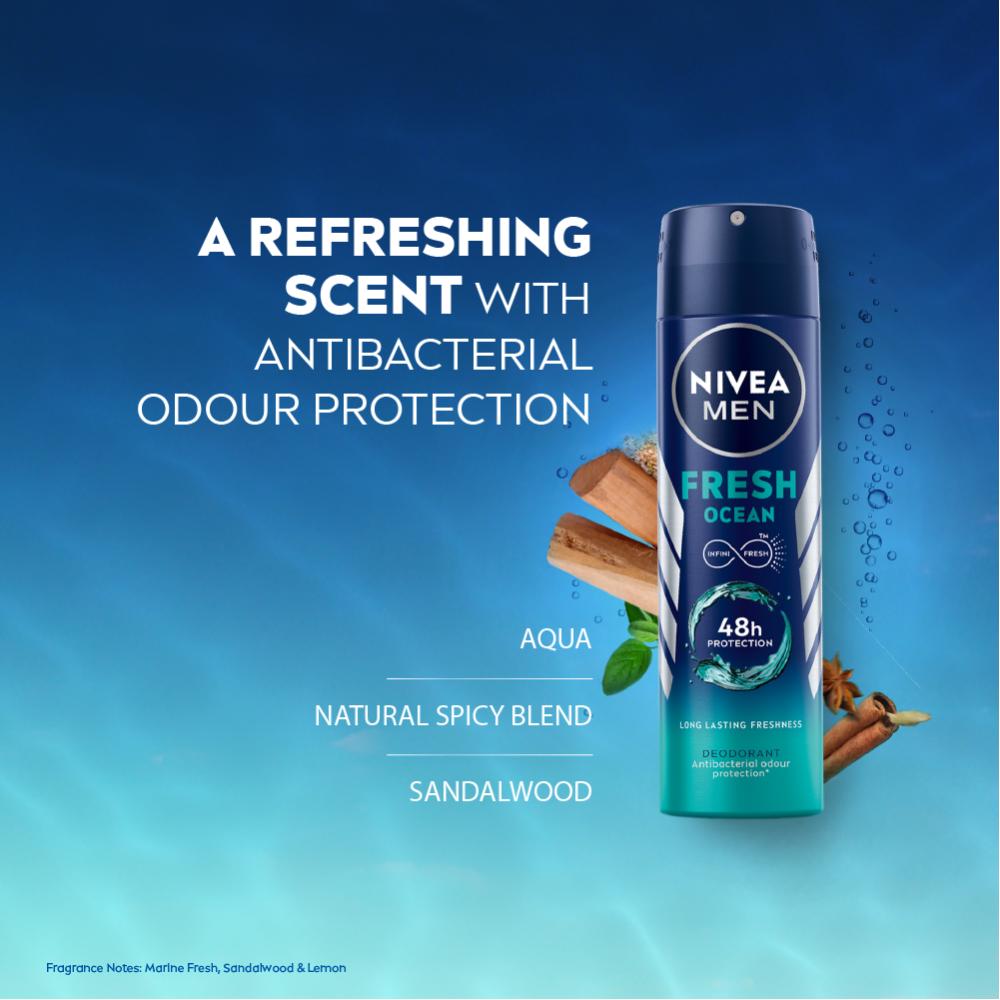 MEN Deodorant, Fresh Ocean, 48h Long lasting Freshness with Fresh Aqua Scent