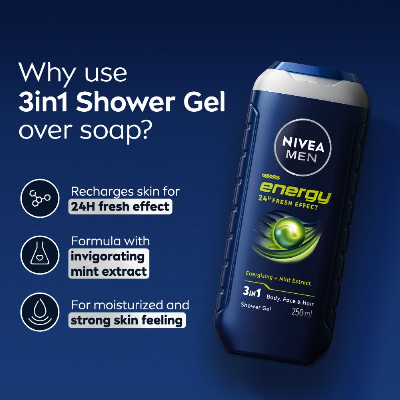 MEN Body Wash, Energy with Mint Extracts, Shower Gel for Body, Face & Hair