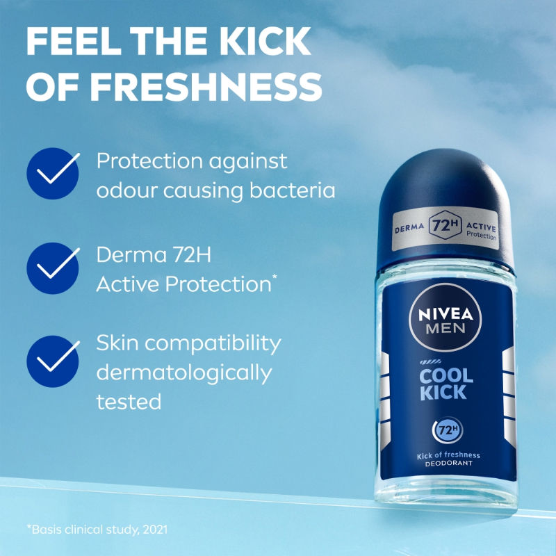 Men Deodorant Roll On, Cool Kick, 48h Long lasting Freshness