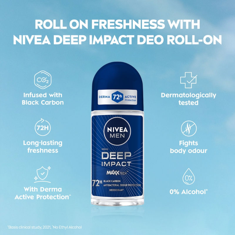 Men Deodorant Roll On Deep Impact Maxx Tech Freshness Black Carbon 72H Anti Perspirant Freshness