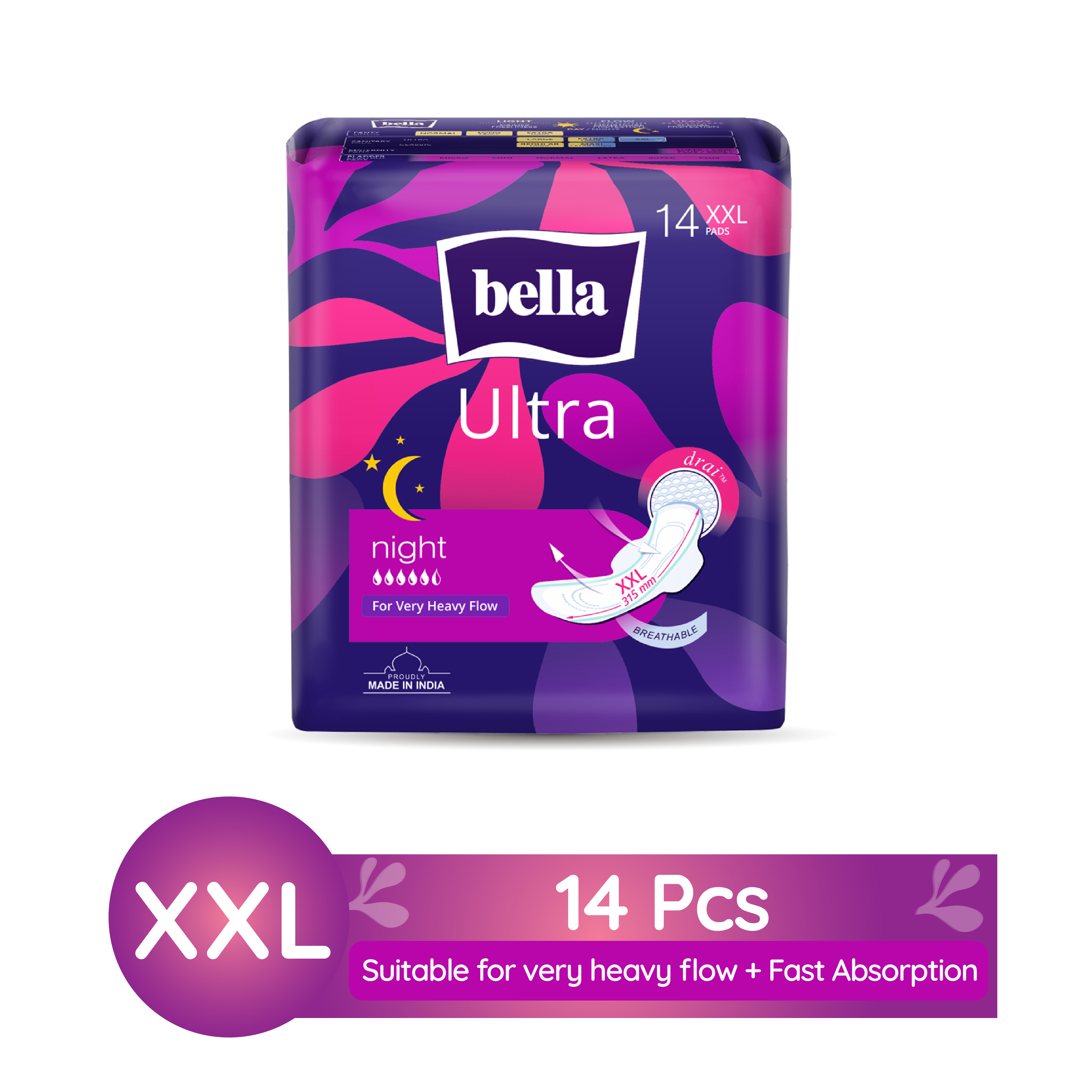 Ultra Thin Night Drai Sanitary Pads, Breathable & Suitable for Very Heavy Flow (14Pcs)